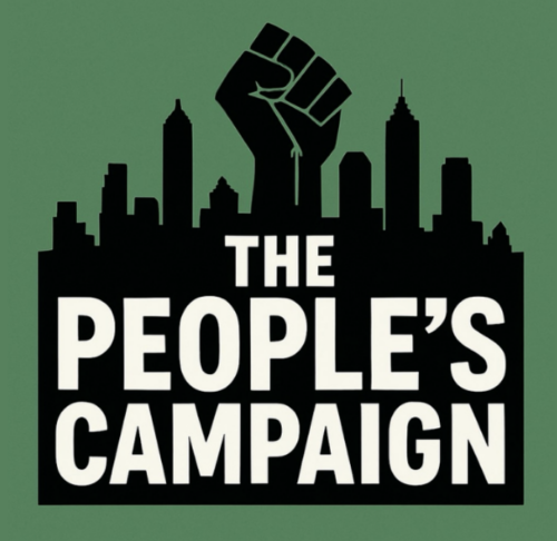 A green background with an outline of a city skyline in black with a large raised clenched fist and white letters that read The People's Campaign